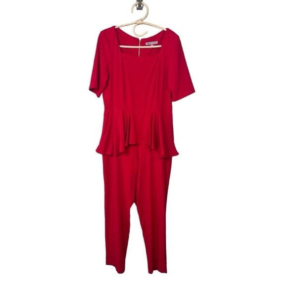 Red Peplum Waist Square Neck Jumpsuit‎ Gold Back Zipper by Danny & Nicole NEW - Picture 2 of 16